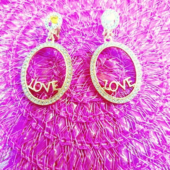 Women's Beautiful "LOVE" Insignia in White & Pink Gold Tone Rhinestone Earrings - Picture 4 of 10